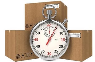 an image of a clock and some shipping boxes
