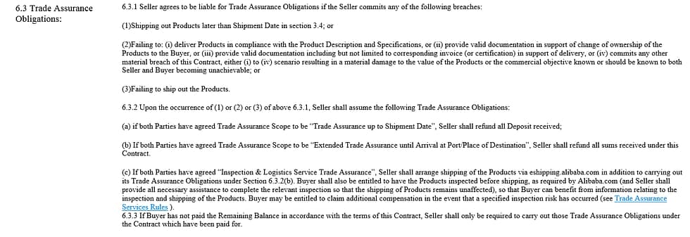 Seller Obligations Trade Assurance Alibaba Contract